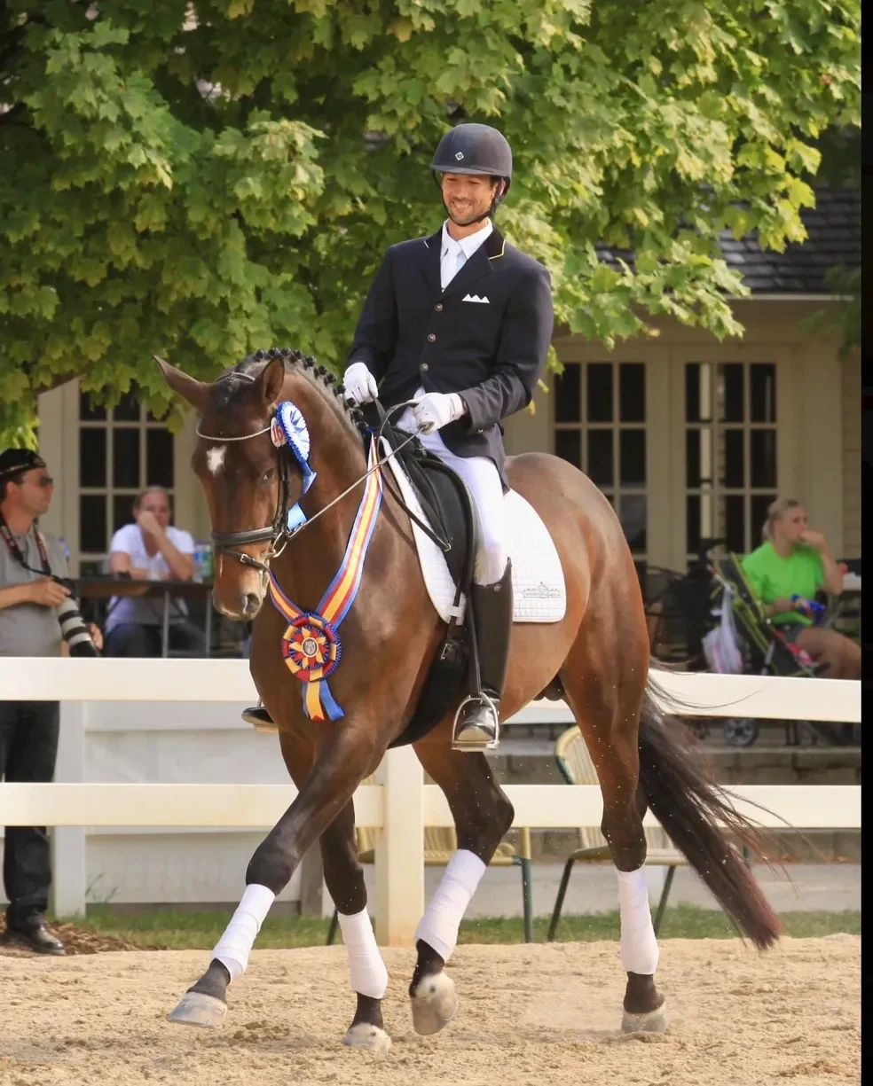 Hemmingway OLD ridden at competition with blue ribbon